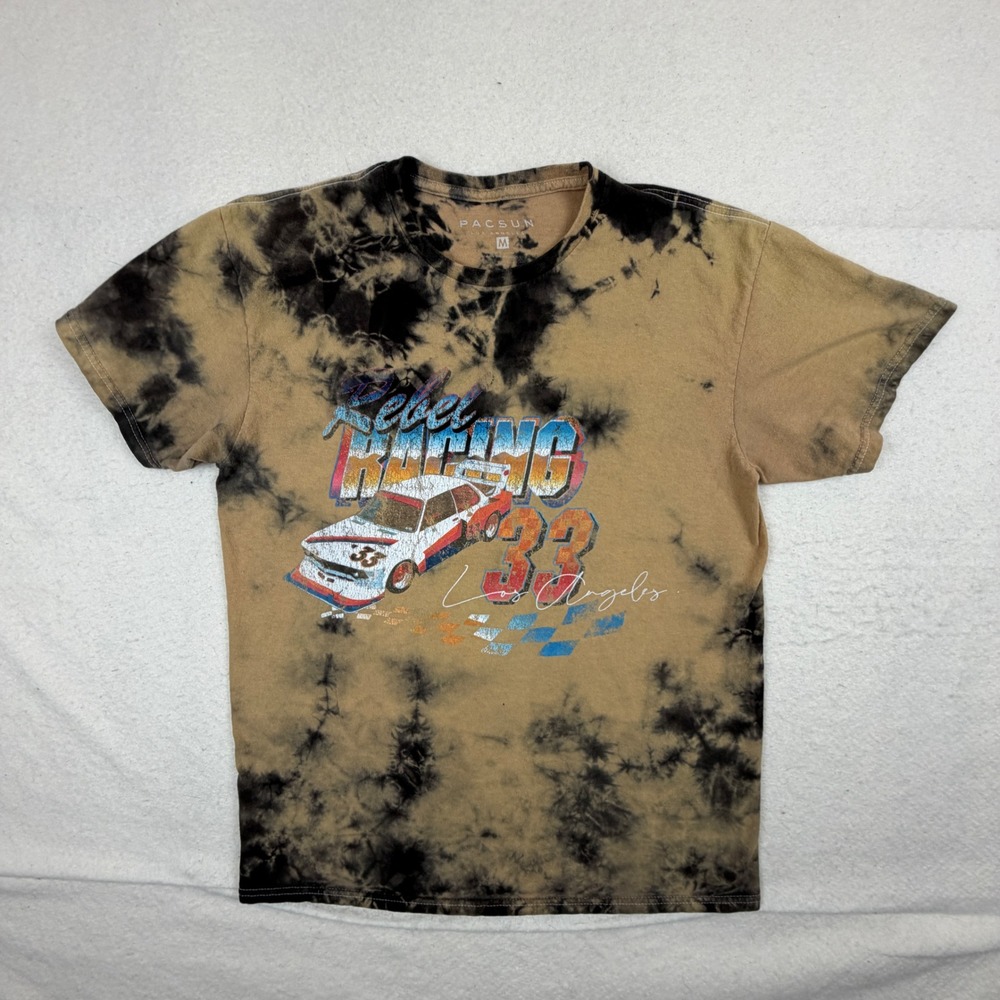 PacSun Rebel Racing Graphic Tee Tan Black Tie Dye Acid Wash Mens Medium